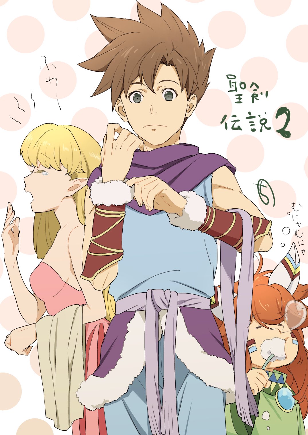 1boy 1girl 1other androgynous bare_shoulders blonde_hair breasts brown_hair closed_mouth highres kobayashi_chizuru long_hair looking_at_viewer open_mouth pointy_ears popoi primm randi red_hair seiken_densetsu seiken_densetsu_2 spiked_hair