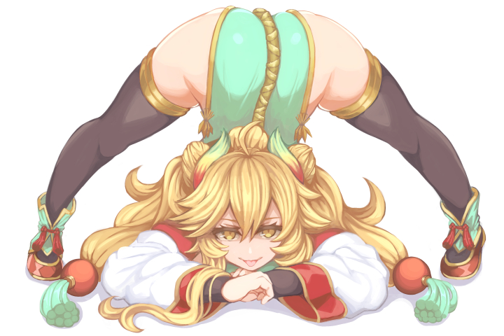 1girl :p ahoge arched_back arm_rest ass black_footwear blonde_hair bun_cover chinese_clothes commentary_request crossed_arms deni_m double_bun flexible full_body hair_between_eyes hair_bun jack-o'_challenge kinjiraden_kenukigata_tachi looking_at_viewer meme pose red_footwear simple_background solo spread_legs stretch tagme tenka_hyakken tongue tongue_out top-down_bottom-up white_background yellow_eyes