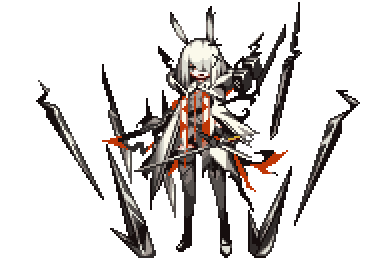 1girl animal_ears arknights black_footwear black_legwear commentary_request frostnova_(arknights) full_body grey_hair grey_shirt hair_ornament hair_over_one_eye holding jacket long_hair open_clothes open_jacket originium_arts_(arknights) pixel_art rabbit_ears shirt simple_background sky_kirsche solo standing transparent_background white_hair white_jacket x_hair_ornament
