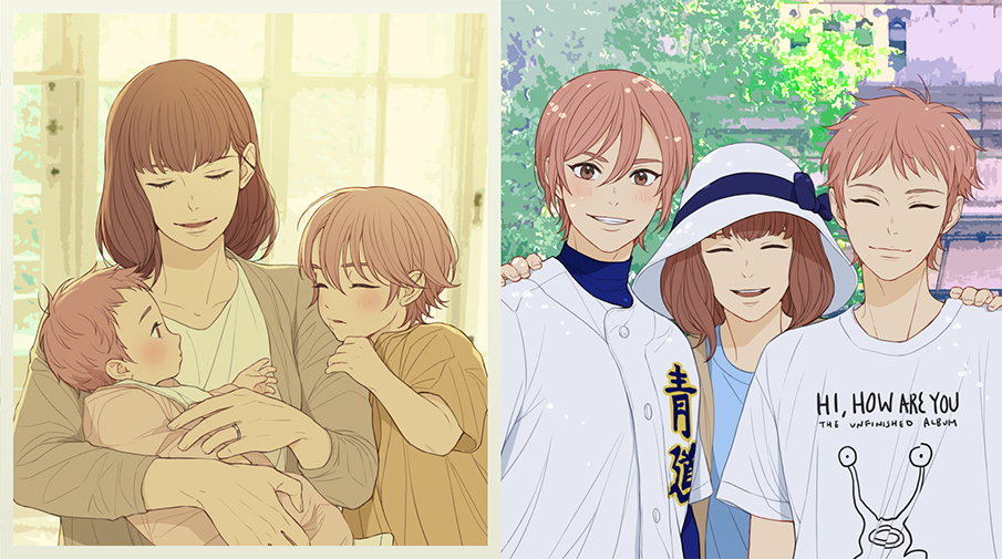 1girl 2boys ace_of_diamond age_progression baby baseball_jersey baseball_uniform blush brothers brown_eyes brown_shirt child closed_eyes day hat hat_ribbon holding holding_baby jewelry kominato_haruichi kominato_ryousuke looking_at_viewer mother_and_son multiple_boys open_mouth outdoors pink_hair ribbon ring shirt short_hair siblings smile sportswear teeth twins upper_body white_shirt