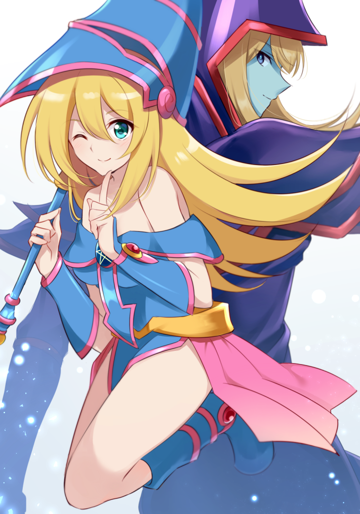 1boy 1girl back-to-back bare_shoulders blonde_hair blue_footwear blush_stickers boots breasts commentary_request dark_magician dark_magician_girl duel_monster green_eyes hat holding holding_staff index_finger_raised knee_boots legs_up long_hair looking_at_viewer looking_back medium_breasts nemu_mohu one_eye_closed shiny shiny_hair simple_background smile staff white_background wizard_hat yu-gi-oh!