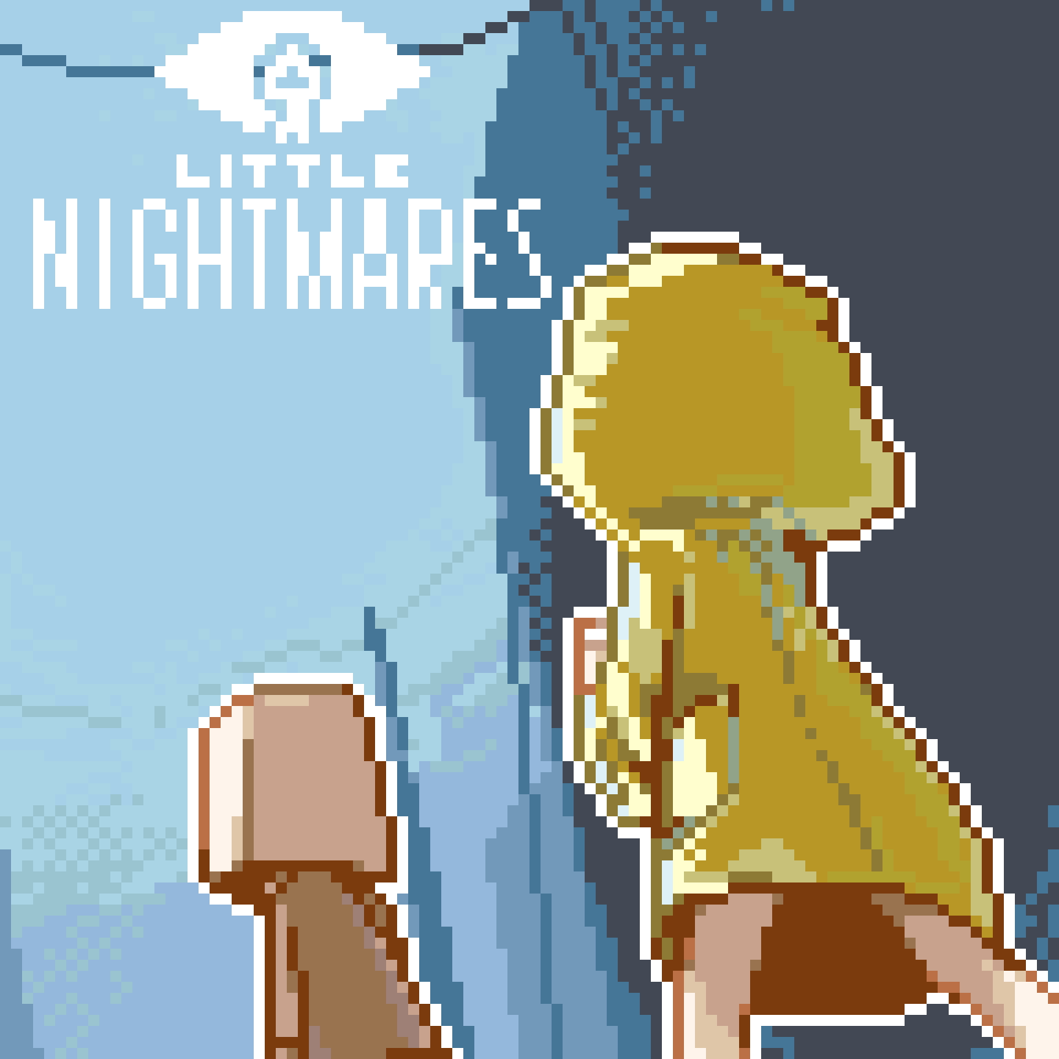 1boy 1girl bag bag_on_head barefoot blue_background brown_jacket commentary from_behind guest_(my_name_is_guest) highres hood hood_up jacket little_nightmares logo long_sleeves mono_(little_nightmares) no_pants paper_bag pixel_art raincoat six_(little_nightmares) yellow_raincoat