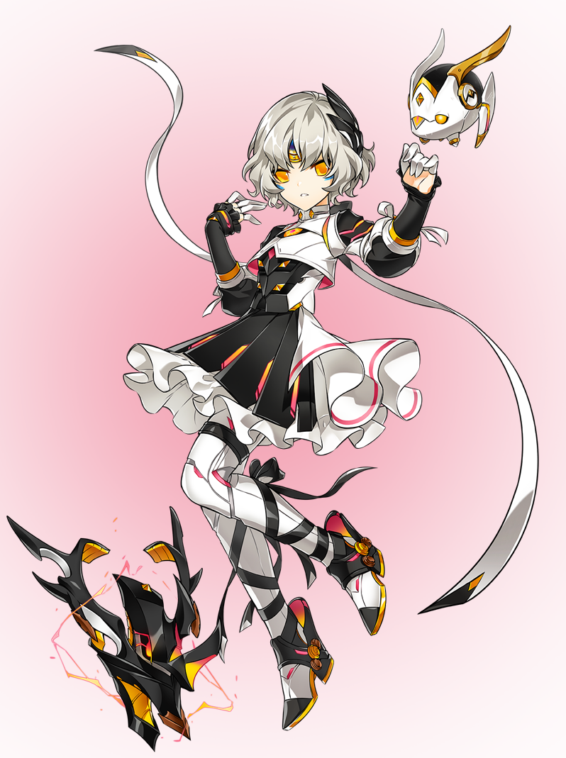 1girl android artist_request code:_failess_(elsword) drone earpiece elsword eve_(elsword) facial_mark finger_cots floating forehead_jewel frills full_body leg_ribbon looking_at_viewer moby_(elsword) official_art remy_(elsword) ribbon short_hair transparent_background wavy_hair