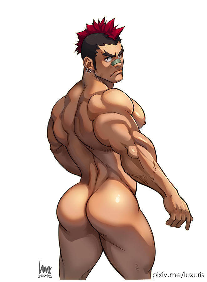 1boy ass bandaid bandaid_on_nose bara black_hair completely_nude cropped_legs dark-skinned_male dark_skin earrings forked_eyebrows from_behind henry_partum jewelry kill_la_kill kinagase_tsumugu large_pectorals long_sideburns looking_at_viewer looking_back male_focus mature_male mohawk multicolored_hair muscular muscular_male nipples nude pectorals reward_available shiny shiny_skin short_hair sideburns solo thighs two-tone_hair