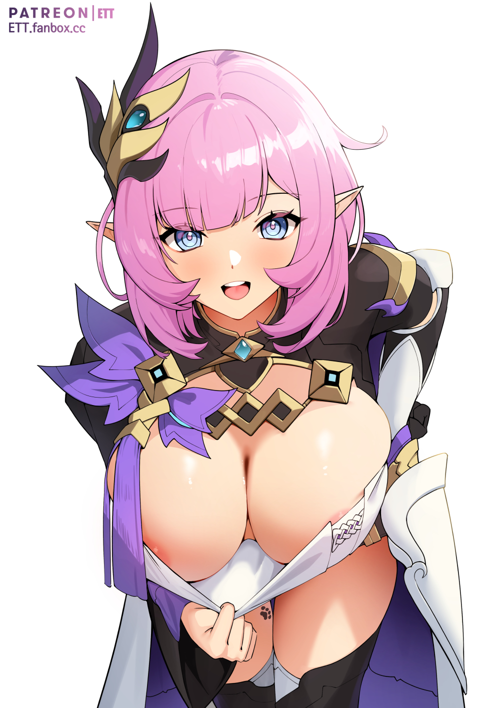 1girl areola_slip areolae armor bangs black_legwear blue_eyes breasts cleavage_reach clothes_pull commentary elysia_(honkai_impact) ett hair_ornament highres honkai_(series) honkai_impact_3rd large_breasts leaning_forward long_hair long_sleeves looking_at_viewer open_mouth pink_hair pointy_ears pulled_by_self shirt shirt_pull smile solo standing thighhighs upper_teeth white_shirt