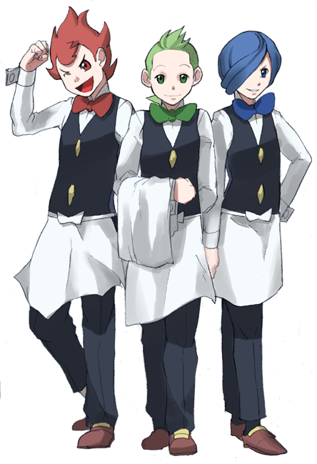 3boys ;d black_pants black_vest blue_eyes blue_hair blue_neckwear bow bowtie brothers brown_footwear buttons chili_(pokemon) cilan_(pokemon) clenched_hand commentary_request cress_(pokemon) full_body green_eyes green_hair green_neckwear hand_on_hip holding male_focus maou_abusorun multiple_boys one_eye_closed open_mouth pants parted_lips pokemon pokemon_(game) pokemon_bw red_hair red_neckwear shirt shoes short_hair siblings smile socks tongue vest white_shirt