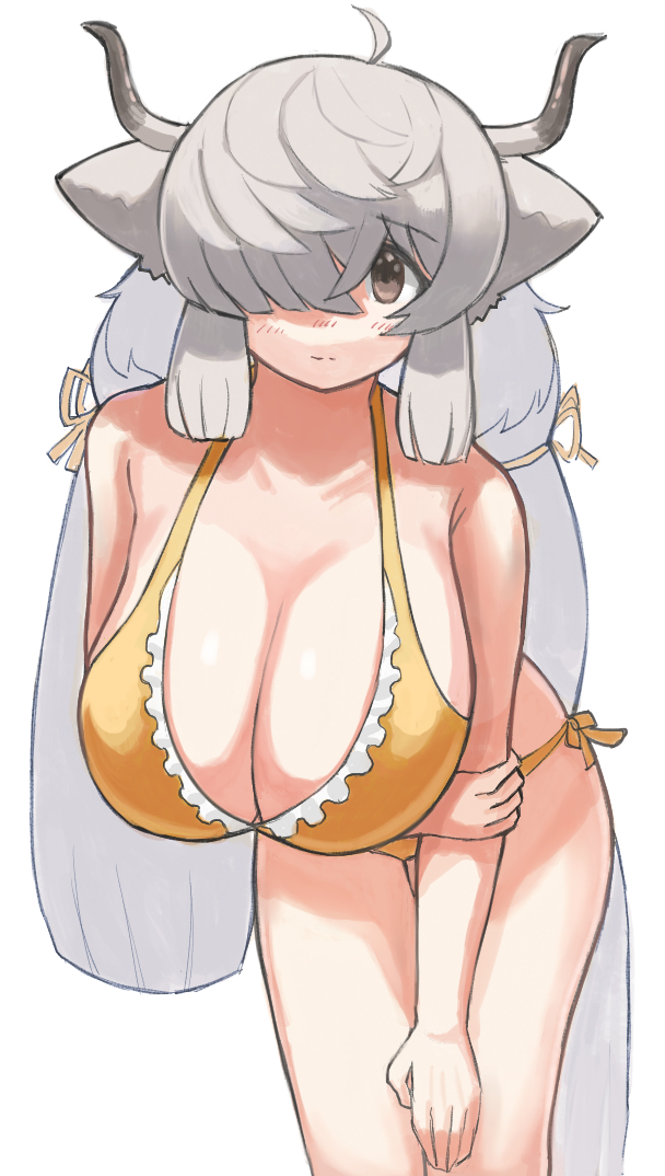 1girl ahoge animal_ears bikini breasts brown_eyes cleavage closed_mouth cropped_legs eyebrows_visible_through_hair grey_hair grey_horns hair_over_one_eye holding_own_arm horns huge_breasts kemono_friends kemono_friends_3 leaning_forward long_hair ox_ears ox_horns side-tie_bikini simple_background smile solo swimsuit very_long_hair white_background yak_(kemono_friends) yellow_bikini zuchi00
