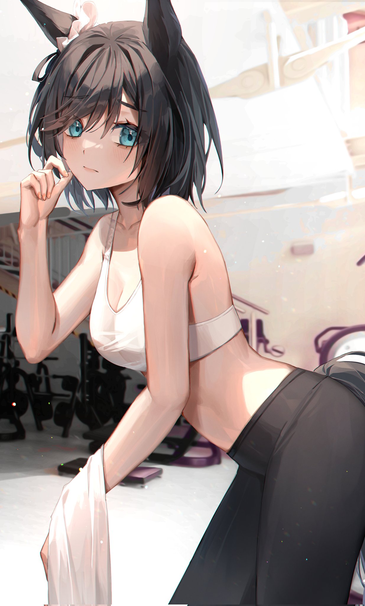 1girl animal_ears bangs bare_shoulders black_hair black_pants blue_eyes blurry blurry_background blush breasts cleavage eishin_flash_(umamusume) eyebrows_visible_through_hair gym hair_between_eyes highres holding holding_towel horse_ears horse_girl horse_tail looking_at_viewer medium_breasts midriff minttchocok pants short_hair solo sports_bra tail towel umamusume weight_machine weights white_sports_bra yoga_pants