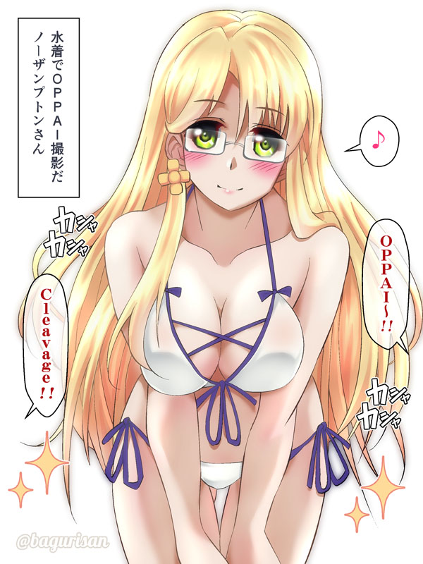 1girl akichin_(atelier_baguri) alternate_costume bikini blonde_hair breasts front-tie_bikini front-tie_top glasses green_eyes kantai_collection large_breasts leaning_forward long_hair looking_at_viewer musical_note navel northampton_(kancolle) side-tie_bikini smile solo speech_bubble spoken_musical_note swimsuit translation_request white_bikini
