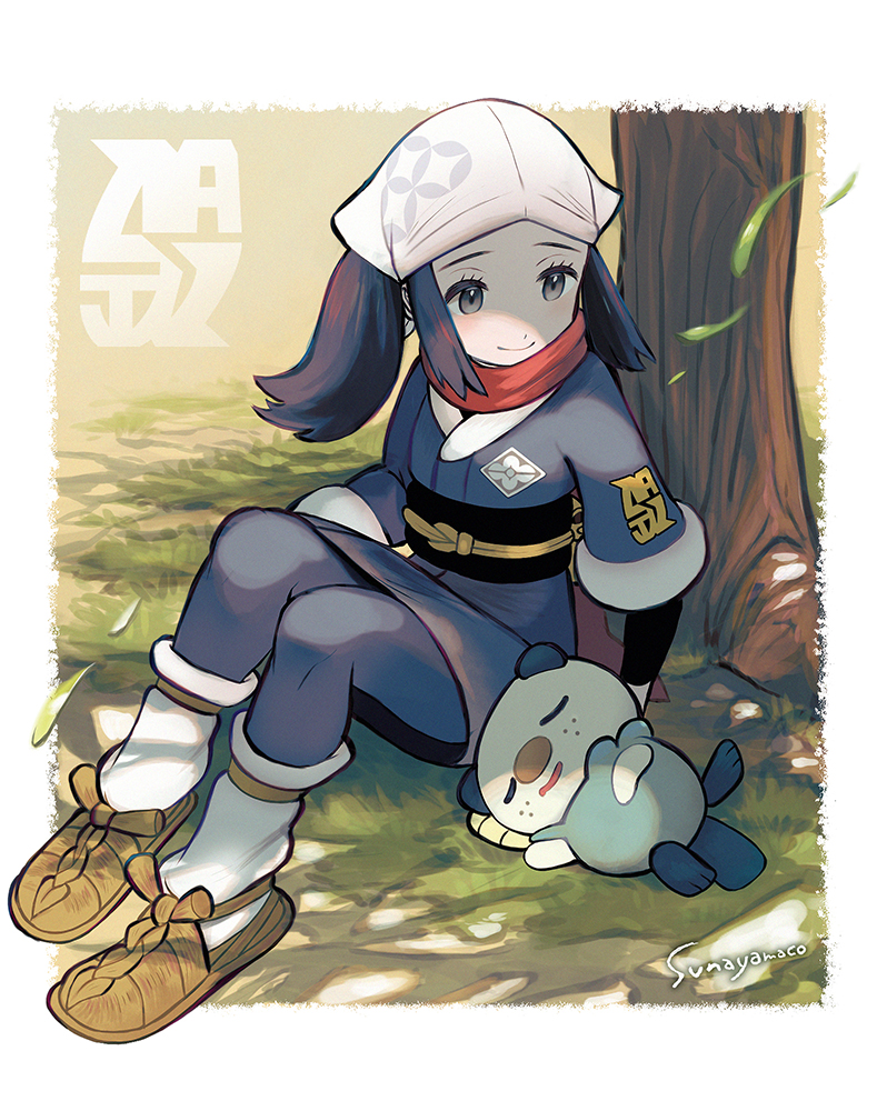 1girl akari_(pokemon) black_hair black_undershirt brown_footwear closed_mouth commentary_request eyelashes gen_5_pokemon grass grey_eyes head_scarf jacket leaves_in_wind long_hair loose_socks oshawott pantyhose pokemon pokemon_(creature) pokemon_(game) pokemon_legends:_arceus ponytail sash scarf shoes sidelocks signature sitting smile sunayama_sunaco tree undershirt white_headwear white_legwear