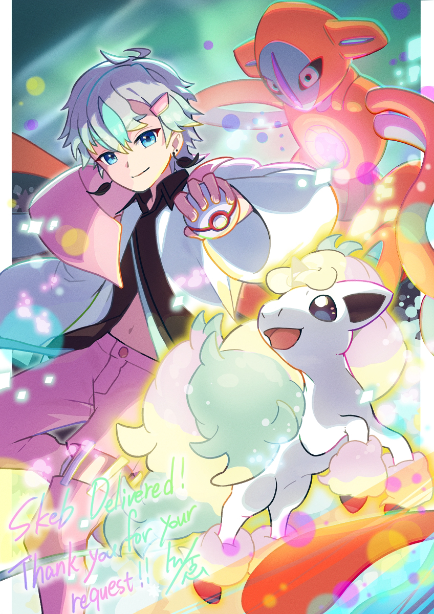 1other bangs blue_eyes blurry buttons closed_mouth commentary_request commission deoxys deoxys_(normal) earrings english_text galarian_form galarian_ponyta gen_3_pokemon gen_8_pokemon grey_hair hair_between_eyes hair_ornament hairclip hand_up highres holding holding_poke_ball jewelry long_sleeves mythical_pokemon navel original pants poke_ball pokemon premier_ball purple_pants short_hair skeb_commission smile thank_you tom_(pixiv10026189) virtual_youtuber