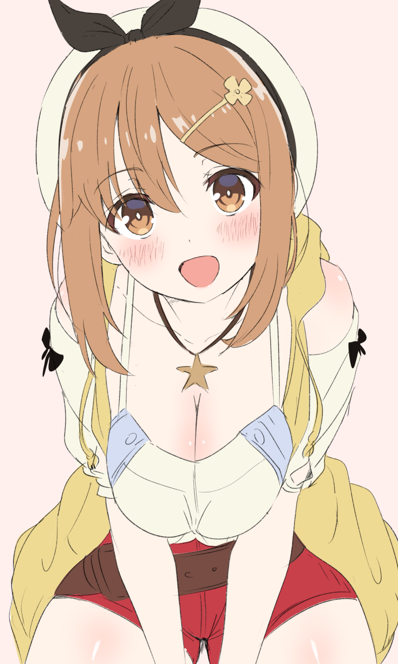 1girl :d atelier_(series) atelier_ryza belt bent_over black_bow blush bow breast_squeeze breasts brown_belt brown_eyes brown_hair cleavage coat hair_bow hair_ornament hairclip hat head_tilt highres hood hood_down hooded_coat large_breasts leaning_forward looking_at_viewer open_clothes open_coat open_mouth red_shorts reisalin_stout shirt short_sleeves shorts sincos smile solo white_headwear white_shirt