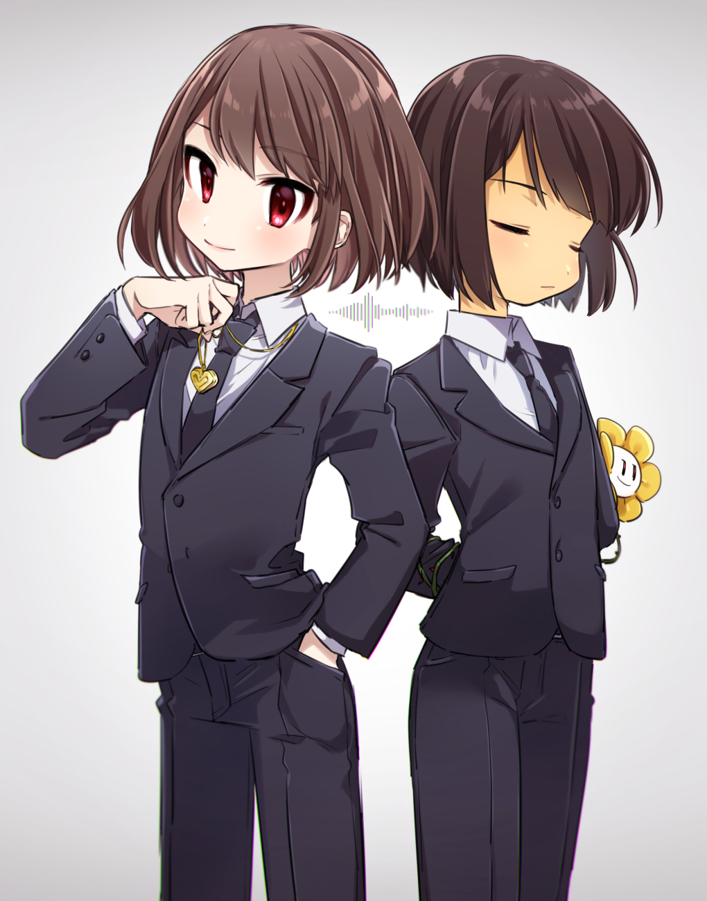 1boy 2others bangs black_neckwear black_pants black_suit blunt_bangs blush bob_cut brown_hair chara_(undertale) closed_eyes closed_mouth collared_shirt cowboy_shot dress_shirt eyebrows_visible_through_hair flower flowey_(undertale) formal frisk_(undertale) gold_necklace grey_background hand_in_pocket hand_up heart heart_necklace highres holding holding_jewelry holding_necklace jewelry leftporygon looking_at_viewer multiple_others necklace necktie pants plant red_eyes shirt short_hair simple_background slacks smile suit suit_jacket swept_bangs undertale vines white_shirt yellow_flower |_|