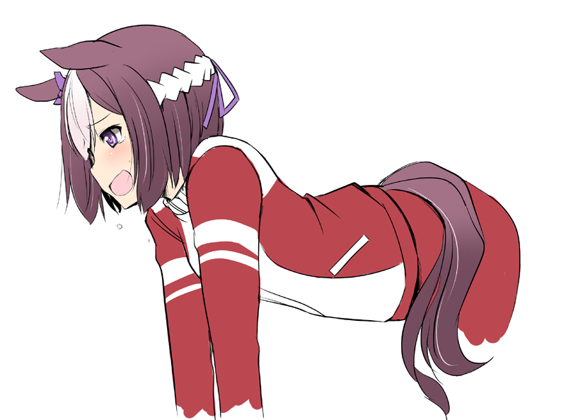 1girl animal_ears brown_hair cropped_arms cropped_legs hachimaki headband horse_ears horse_girl horse_tail jacket leaning_forward long_sleeves multicolored_hair open_mouth pants purple_eyes red_jacket red_pants short_hair smile solo special_week_(umamusume) standing tail tearing_up tonpuu track_jacket track_pants track_suit umamusume white_hair white_headband