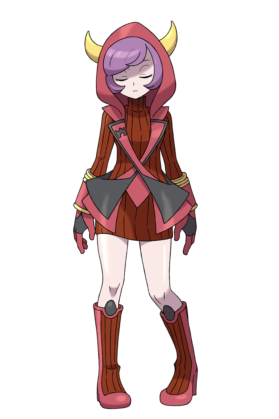 1girl asatsuki_(fgfff) bangs boots brown_dress closed_eyes closed_mouth commentary_request courtney_(pokemon) dress expressionless eyelashes fake_horns full_body gloves highres hood hood_up horns knees pigeon-toed pokemon pokemon_(game) pokemon_oras purple_hair red_footwear red_gloves shiny shiny_skin short_hair solo standing sweater sweater_dress team_magma team_magma_uniform transparent_background turtleneck_dress uniform
