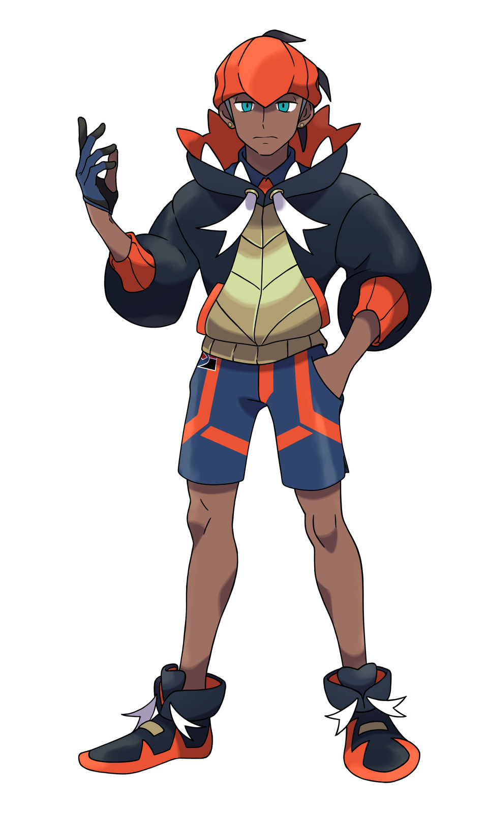 1boy aqua_eyes asatsuki_(fgfff) black_footwear black_hair black_hoodie closed_mouth collared_shirt commentary_request dark-skinned_male dark_skin earrings frown full_body gloves hand_in_pocket hand_up highres hood hoodie jewelry knees male_focus orange_headwear partially_fingerless_gloves pokemon pokemon_(game) pokemon_swsh raihan_(pokemon) shirt shoes short_hair shorts side_slit side_slit_shorts single_glove solo standing transparent_background undercut