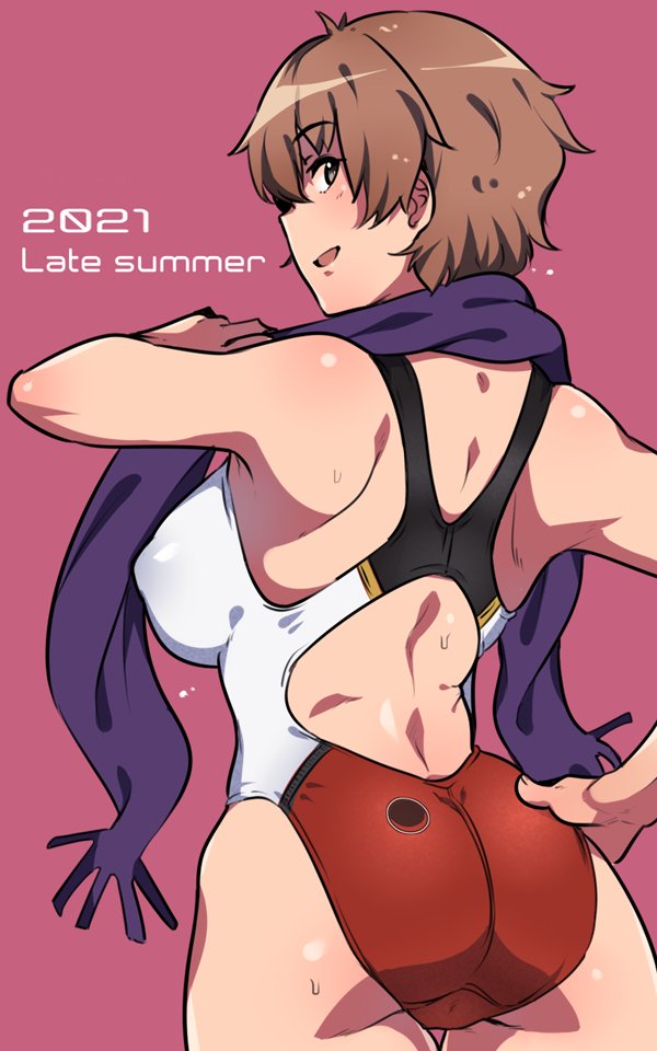 1girl armpits ass blush breasts brown_hair cowboy_shot em_(totsuzen_no_hakike) eyebrows_visible_through_hair from_behind hair_between_eyes hand_on_hip highleg highleg_swimsuit katou_keiko large_breasts looking_at_viewer one-piece_swimsuit pink_background purple_scarf scarf short_hair shoulder_blades sideboob smile solo swimsuit thigh_gap world_witches_series