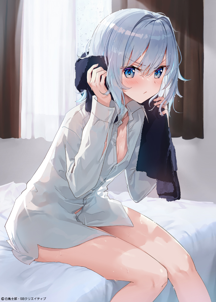 1girl blue_eyes blush breasts from_side fuumi_(radial_engine) hair_intakes indoors looking_at_viewer on_bed ryuuou_no_oshigoto! shirt short_hair silver_hair sitting sitting_on_bed small_breasts sora_ginko towel wet wet_clothes wet_hair white_shirt