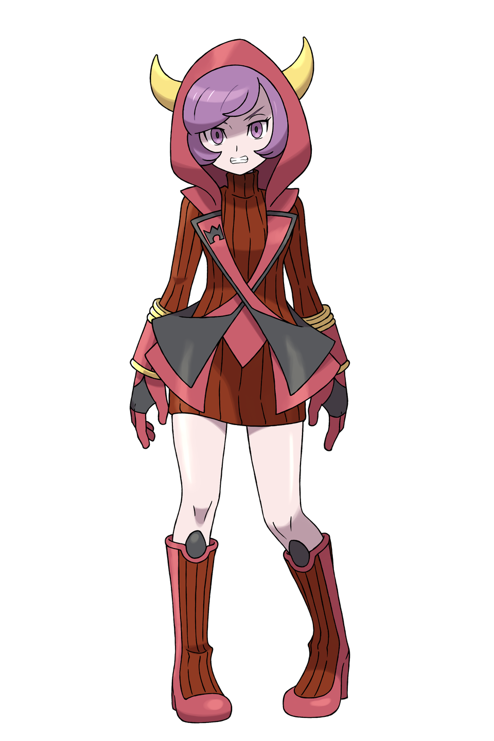 1girl asatsuki_(fgfff) bangs boots brown_dress clenched_teeth commentary_request courtney_(pokemon) dress eyelashes fake_horns full_body gloves highres hood hood_up horns knees looking_at_viewer pigeon-toed pokemon pokemon_(game) pokemon_oras purple_eyes purple_hair red_footwear red_gloves shiny shiny_skin short_hair solo standing sweater sweater_dress team_magma team_magma_uniform teeth transparent_background turtleneck_dress uniform