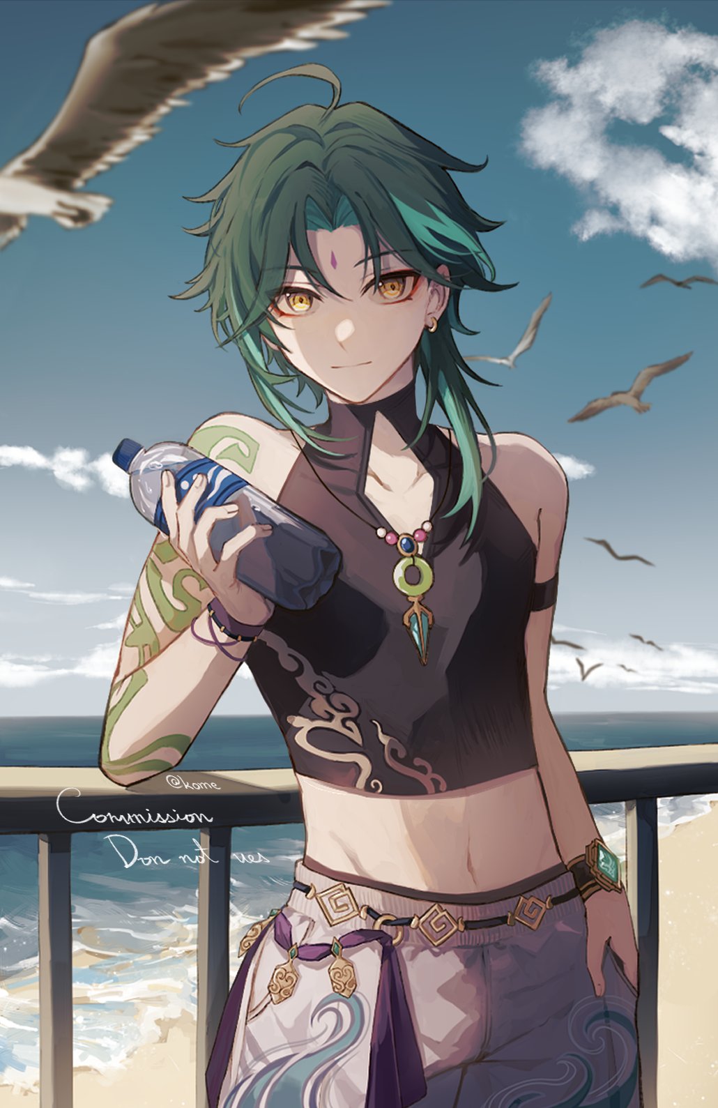 1boy 329kome ahoge arm_tattoo bird bottle closed_mouth cloud commission day ear_piercing facial_mark forehead_mark genshin_impact green_hair hand_in_pocket highres holding holding_bottle jewelry looking_at_viewer male_focus multicolored_hair navel necklace ocean outdoors piercing shorts skeb_commission sky solo tattoo twitter_username vision_(genshin_impact) water_bottle xiao_(genshin_impact) yellow_eyes