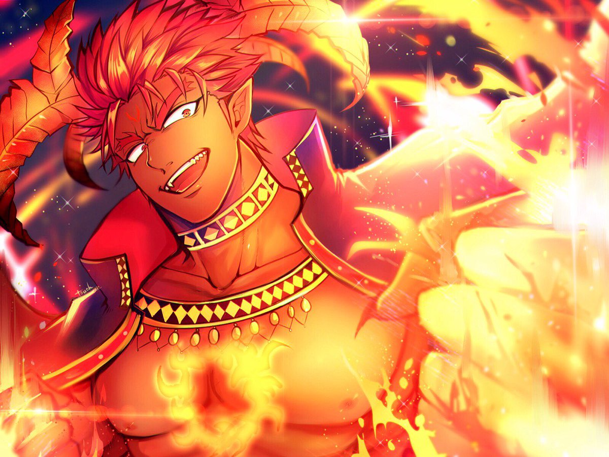1boy :d bara bare_pectorals chest_tattoo dark-skinned_male dark_skin demon_boy demon_horns facial_mark fire forehead_mark horns ifrit_(tokyo_houkago_summoners) large_pectorals male_focus muscular muscular_male nipples open_mouth orange_eyes pectorals pointy_ears red_theme short_hair sideburns smile solo spiked_hair tattoo tokyo_houkago_summoners touou upper_body