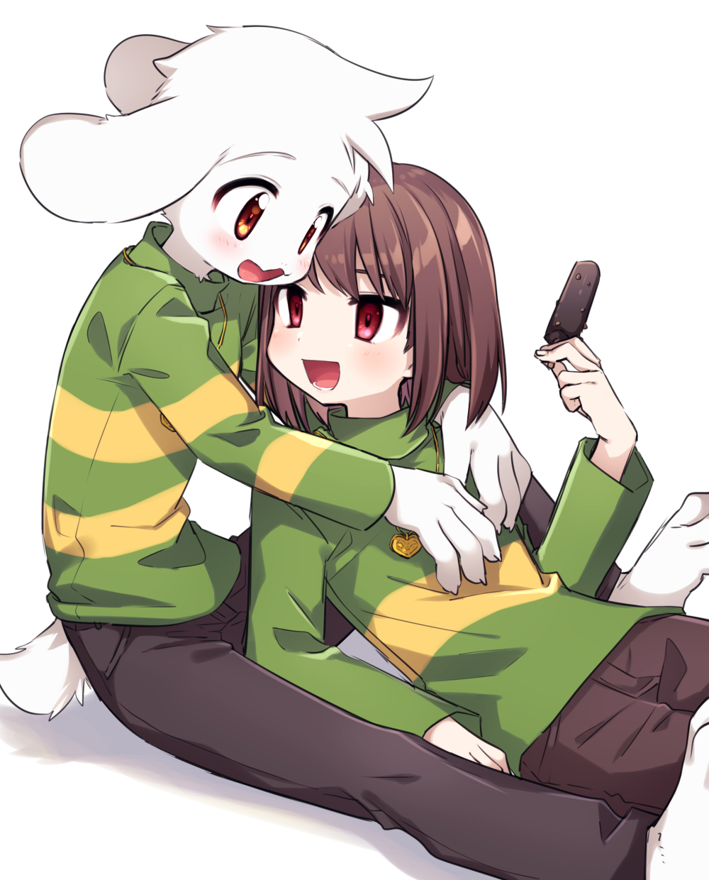 1boy 1other arm_support asriel_dreemurr bangs barefoot blush bob_cut brown_hair brown_pants chara_(undertale) fangs food furry furry_male gold_necklace green_shirt heart heart_necklace highres holding holding_food leftporygon long_sleeves looking_at_another medium_hair multicolored_shirt open_mouth orange_eyes pants popsicle red_eyes shirt simple_background skin_fangs smile swept_bangs tail tareme teeth tsurime turtleneck undertale white_background white_fur yellow_shirt