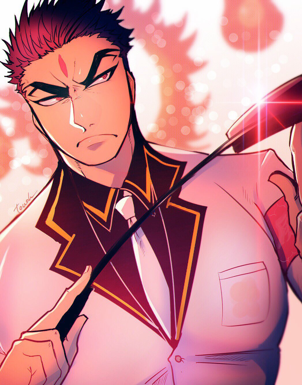 1boy aizen_(tokyo_houkago_summoners) bara black_hair facial_mark forehead_mark forked_eyebrows formal hair_slicked_back highres large_pectorals looking_at_viewer male_focus muscular muscular_male necktie pectorals red_eyes short_hair solo sparkle suit thick_eyebrows tokyo_houkago_summoners touou upper_body white_suit
