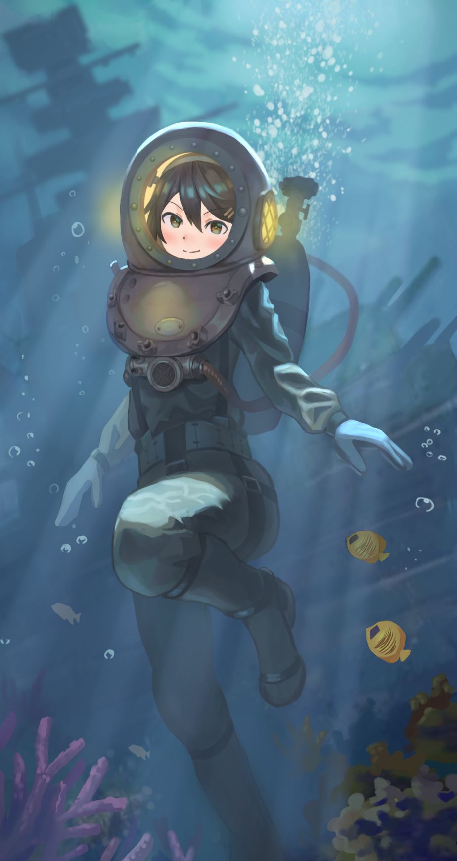 1girl air_bubble alternate_costume brown_eyes brown_hair bubble cannon diving_helmet diving_suit fish haruna_(kancolle) helmet highres kantai_collection oxygen_tank shipwreck solo tunguu turret underwater