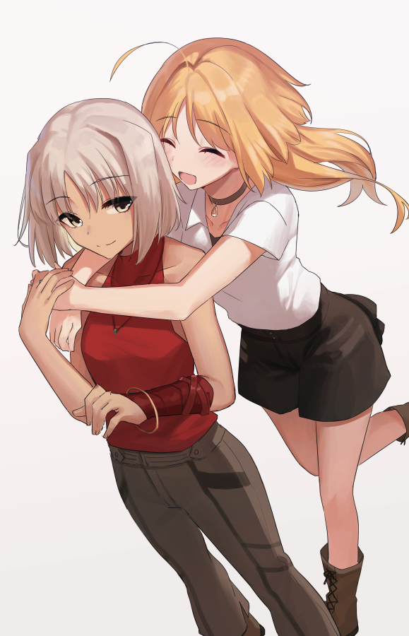 2girls 428 ^_^ ahoge arms_around_neck black_shorts blonde_hair bracelet canaan canaan_(character) closed_eyes closed_mouth collar collarbone collared_shirt floating_hair grey_background grey_pants hair_intakes jewelry long_hair multiple_girls okakasushi oosawa_maria pants pendant red_shirt shiny shiny_hair shirt short_hair short_shorts short_sleeves shorts silver_hair sleeveless sleeveless_shirt smile standing white_shirt wing_collar yellow_eyes