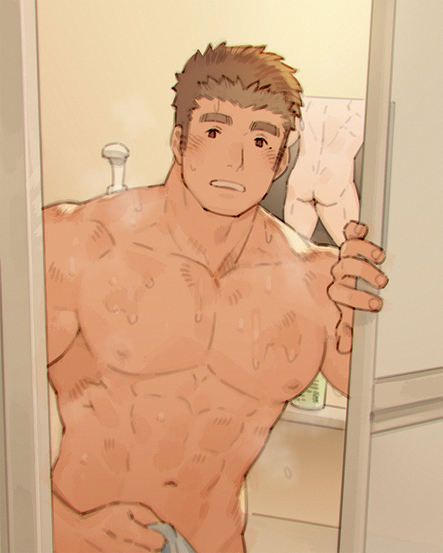 1boy abs ass bara blush brown_hair chataro1412 completely_nude covering covering_crotch large_pectorals long_sideburns male_focus mirror mirror_image muscular muscular_male nipples nude open_door pectorals shiro_(tokyo_houkago_summoners) short_hair sideburns solo steam stomach thick_eyebrows tokyo_houkago_summoners upper_body wet