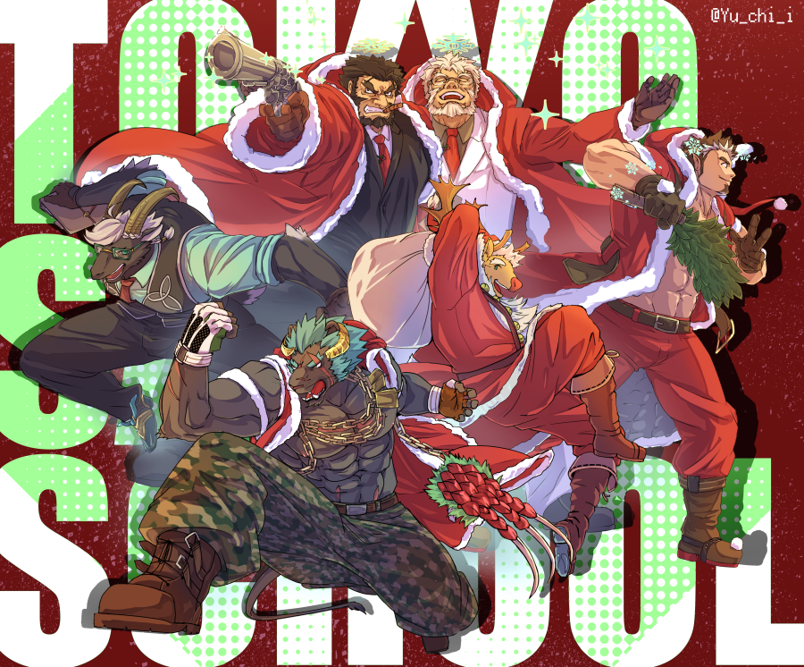 6+boys abs ahamma bara bare_pectorals brown_hair camouflage chain character_request christmas curled_horns ded_(tokyo_houkago_summoners) facial_hair full_body fur-trimmed_jacket fur_trim furry furry_male goat_boy goat_horns goatee group_picture gun holding holding_gun holding_weapon horns jacket krampus_(tokyo_houkago_summoners) large_pectorals long_sideburns looking_to_the_side male_focus mature_male multicolored_hair multiple_boys muscular muscular_male old old_man open_clothes open_jacket pants pectorals pointy_ears red_jacket red_pants reindeer_boy santa_costume scar scar_across_eye short_hair sideburns smile snowflakes sparkling_eyes stomach tokyo_houkago_summoners tomte_(tokyo_houkago_summoners) two-tone_hair weapon white_hair