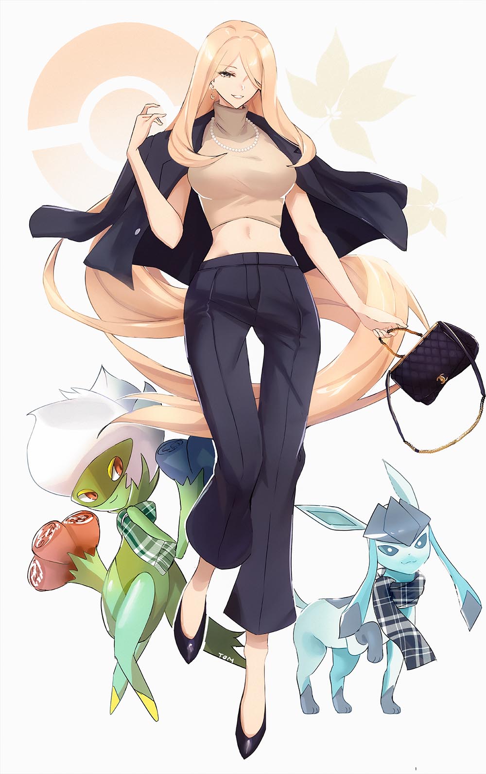 1girl alternate_costume bag blonde_hair breasts casual cynthia_(pokemon) english_commentary full_body gen_4_pokemon glaceon hair_over_one_eye handbag highres jewelry large_breasts long_hair navel necklace on_shoulder pearl_necklace poke_ball_symbol pokemon pokemon_(creature) pokemon_(game) roserade scarf simple_background smile standing stomach tommy_(kingdukeee) white_background