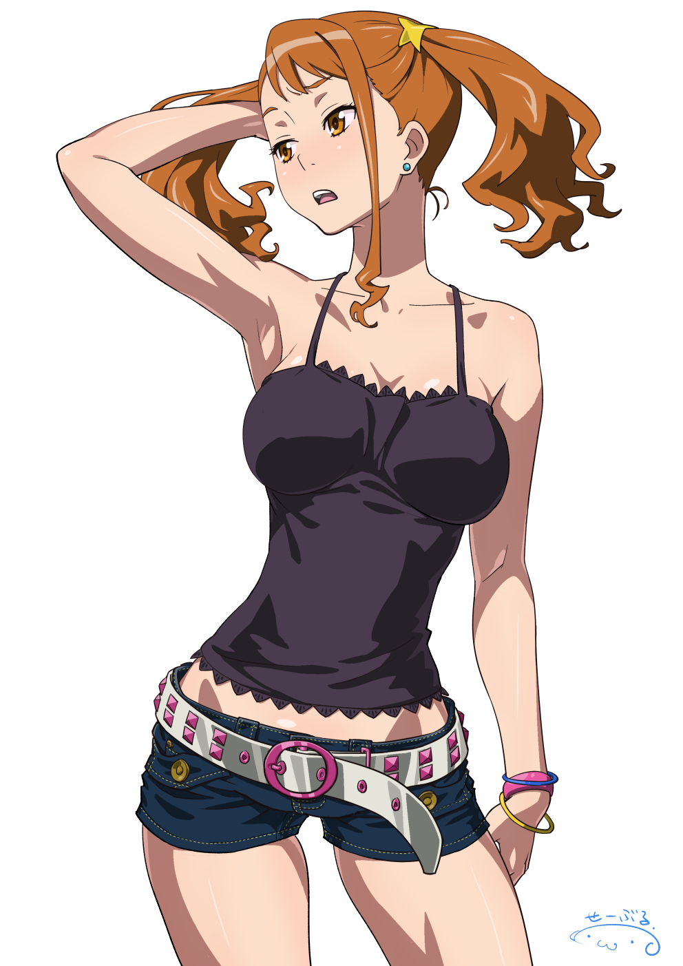 1girl anjou_naruko ano_hi_mita_hana_no_namae_wo_bokutachi_wa_mada_shiranai. arm_at_side arm_up armpits asymmetrical_bangs bangs bare_arms bare_shoulders belt black_camisole blue_shorts bracelet breasts brown_eyes brown_hair cameltoe camisole chemise collarbone commentary_request denim denim_shorts earrings hand_in_hair highres jewelry large_breasts long_hair looking_to_the_side open_mouth revision short_shorts shorts simple_background solo standing suna twintails white_background