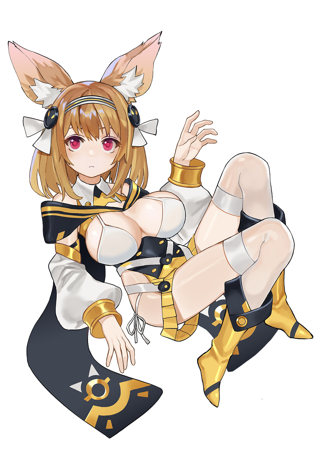 1girl animal_ears bikini blonde_hair buttons cape closed_mouth copyright_request double-breasted fox_ears full_body hair_ornament hairband hand_up hands_up highres long_sleeves looking_at_viewer luicent medium_hair pink_eyes puffy_long_sleeves puffy_sleeves sanpaku sheer_legwear side-tie_bikini simple_background solo swimsuit thighhighs white_background white_bikini