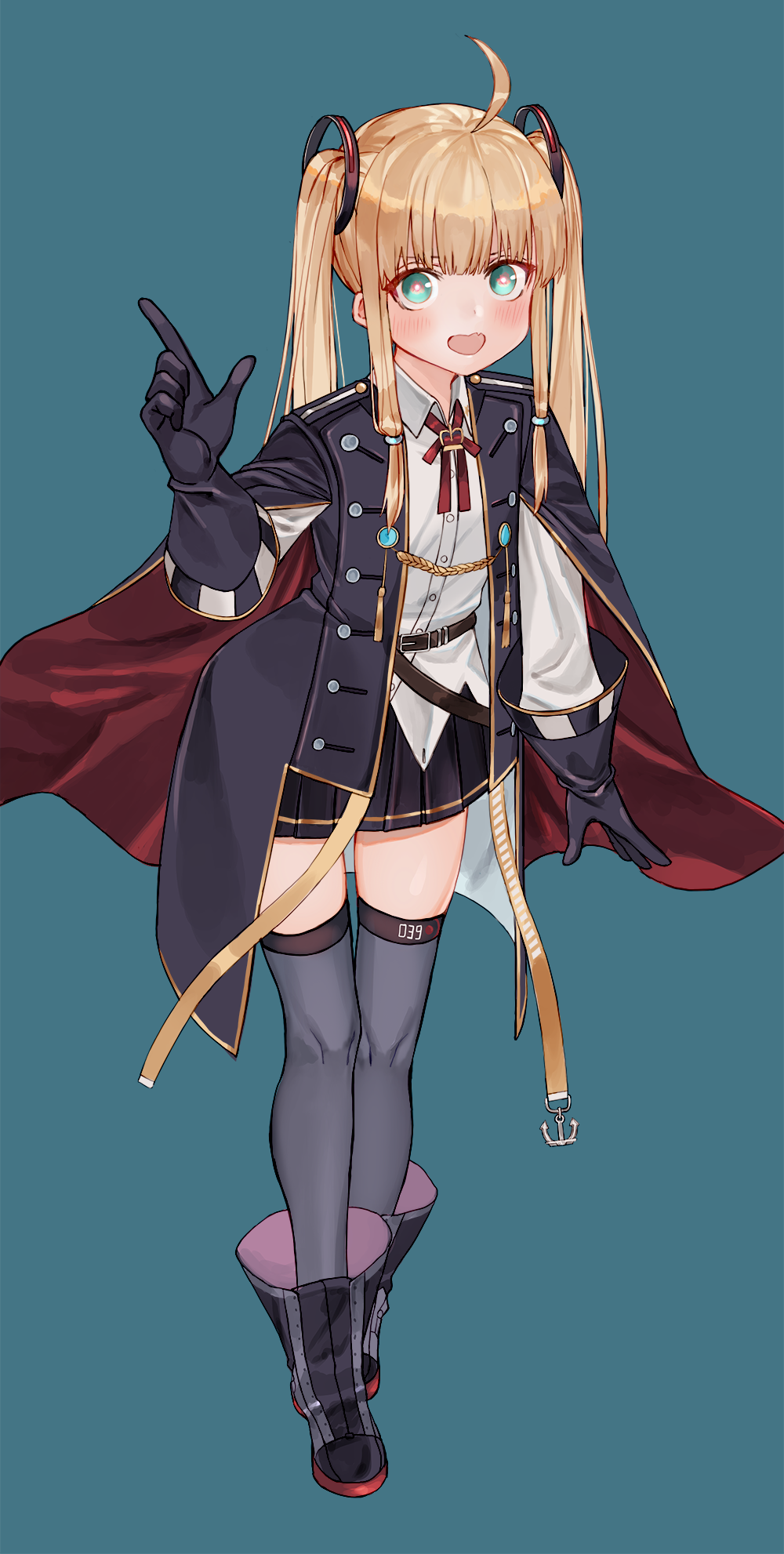 1girl :d ahoge amazon_(azur_lane) azur_lane black_cape black_coat black_footwear black_gloves black_skirt blonde_hair blue_background boots bright_pupils cape coat collared_shirt full_body gloves green_eyes grey_legwear highres index_finger_raised leaning_forward long_hair long_sleeves looking_at_viewer luicent miniskirt neck_ribbon open_mouth pleated_skirt red_neckwear red_ribbon ribbon sanpaku shirt simple_background skirt smile solo thighhighs twintails two-sided_cape two-sided_fabric untucked_shirt white_pupils white_shirt wing_collar