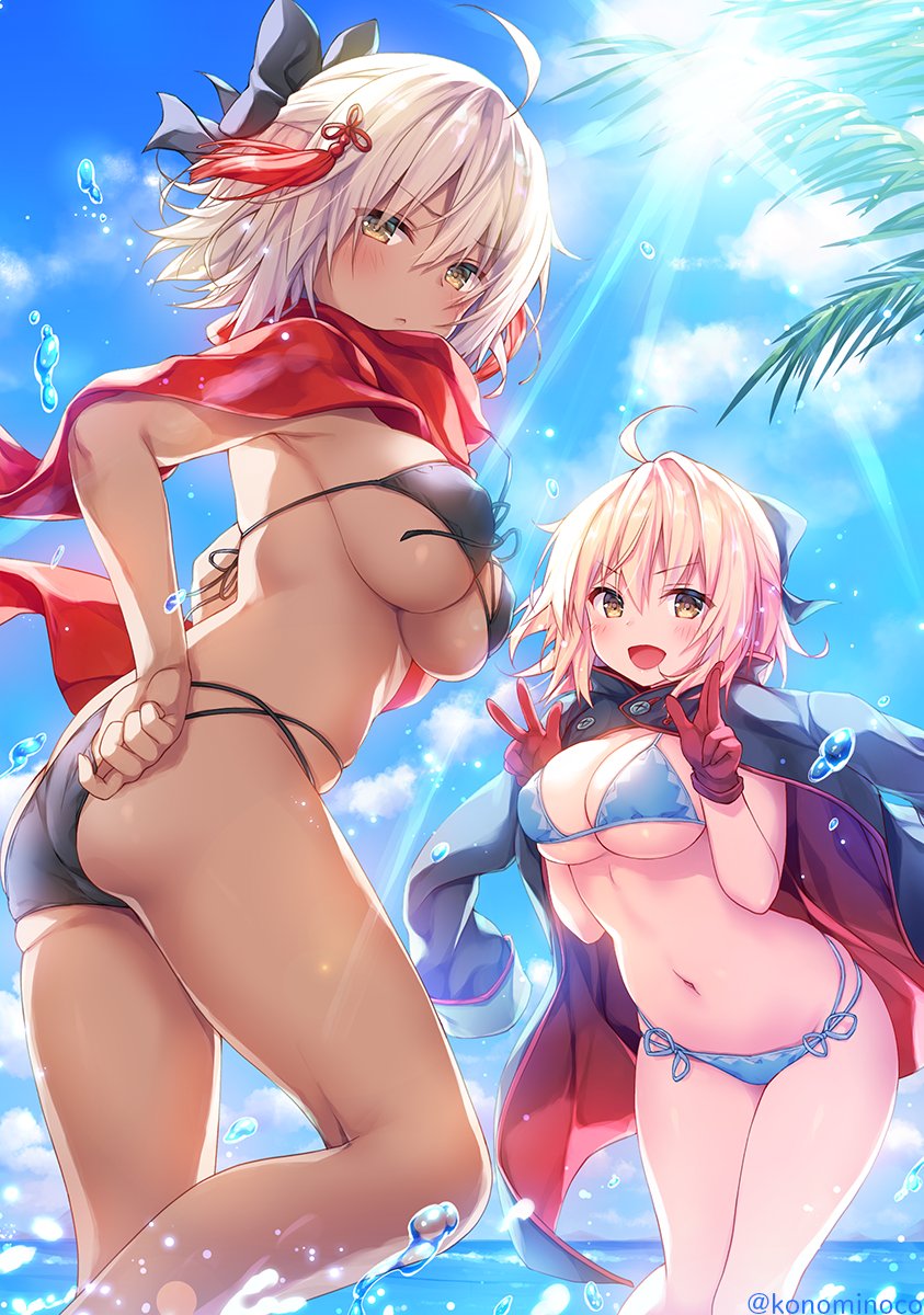 2girls :d adjusting_clothes adjusting_swimsuit ahoge ass banned_artist bikini bikini_day blonde_hair blue_bikini blue_sky blush bow breasts brown_eyes cleavage commentary_request dark-skinned_female dark_skin day double_w eyebrows_visible_through_hair fate/grand_order fate_(series) from_side front-tie_bikini front-tie_top gloves hair_between_eyes hair_bow half_updo highres horizon jacket jacket_on_shoulders konomi_(kino_konomi) large_breasts leaning_forward leg_up looking_at_viewer multi-strapped_bikini multiple_girls navel okita_souji_(alter)_(fate) okita_souji_(fate)_(all) open_mouth outdoors red_scarf scarf side-tie_bikini sky smile sunlight swimsuit tassel underboob v-shaped_eyebrows w water_drop white_hair