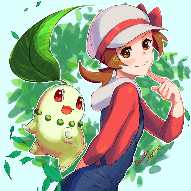 1girl arm_behind_back blue_overalls blush bow brown_eyes brown_hair cabbie_hat chikorita closed_mouth commentary delta_nonbiri eyelashes gen_2_pokemon hand_up hat hat_bow index_finger_raised leaves_in_wind long_hair lyra_(pokemon) outline pokemon pokemon_(creature) pokemon_(game) pokemon_hgss red_bow red_shirt shirt smile twintails white_headwear