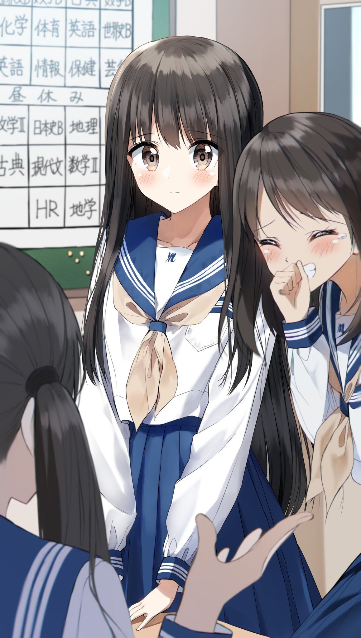 3girls ^_^ bangs black_hair blue_sailor_collar blue_skirt blush brown_eyes brown_neckwear clenched_hand closed_eyes closed_mouth commentary_request desk eyebrows_visible_through_hair grin hand_to_own_mouth highres indoors long_hair long_sleeves looking_at_viewer multiple_girls neckerchief original pentagon_(railgun_ky1206) pleated_skirt sailor_collar school_desk school_uniform serafuku shirt skirt smile tears twintails very_long_hair white_shirt