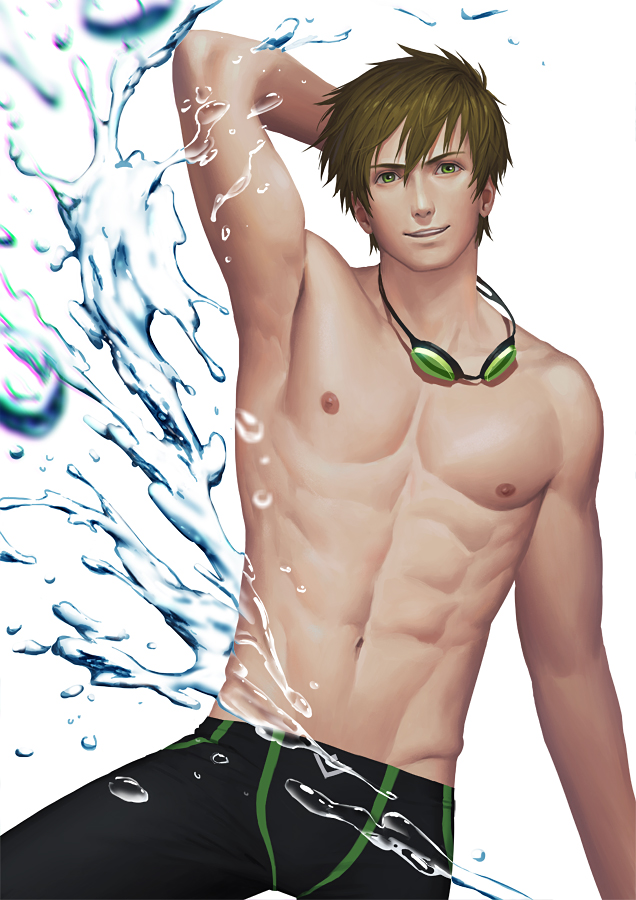 1boy abs brown_hair free! goggles goggles_around_neck green_eyes jammers male_focus male_swimwear navel nipples pectorals penguin_frontier short_hair smile solo splashing tachibana_makoto toned toned_male water white_background