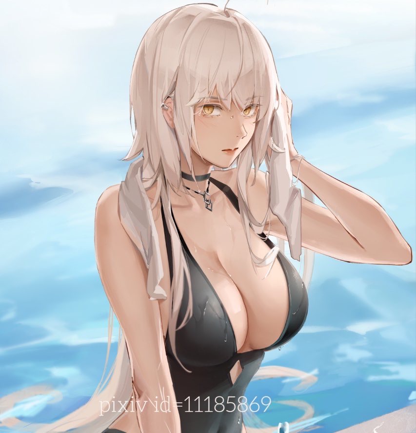 1girl bangs bare_shoulders breasts cleavage collarbone eyebrows_behind_hair eyebrows_visible_through_hair fate/grand_order fate_(series) jeanne_d'arc_(alter)_(fate) jeanne_d'arc_(fate)_(all) jewelry large_breasts long_hair looking_at_viewer md5_mismatch necklace rifu_(643763873) silver_hair solo swimsuit yellow_eyes