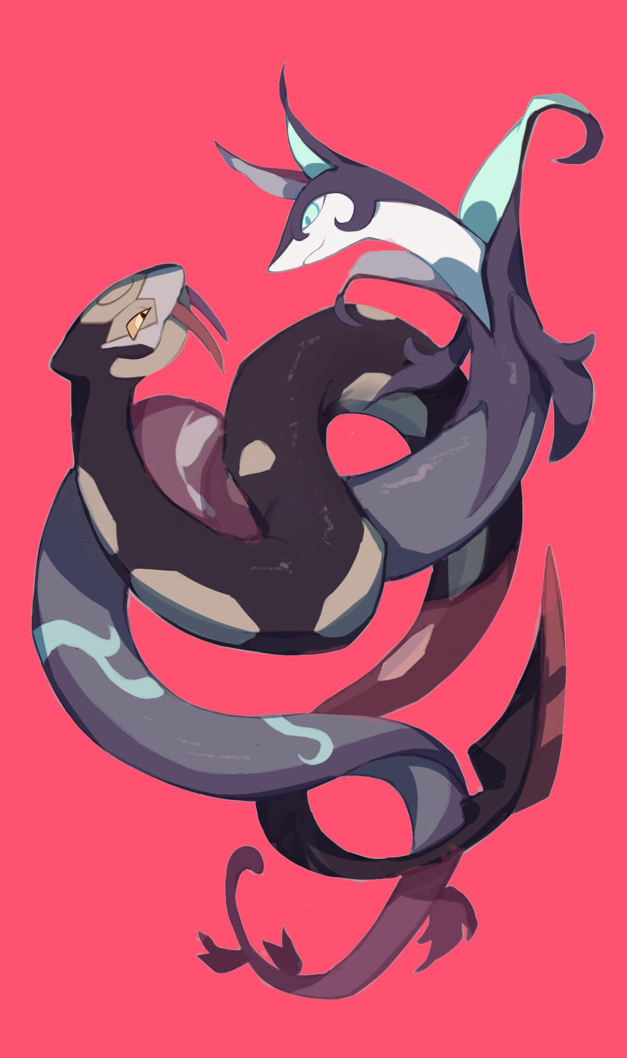 alternate_color closed_mouth commentary_request eye_contact fangs from_side gen_3_pokemon gen_5_pokemon green_eyes highres lanjiujiu looking_at_another no_humans pink_background pokemon pokemon_(creature) serperior seviper shiny simple_background smile snake