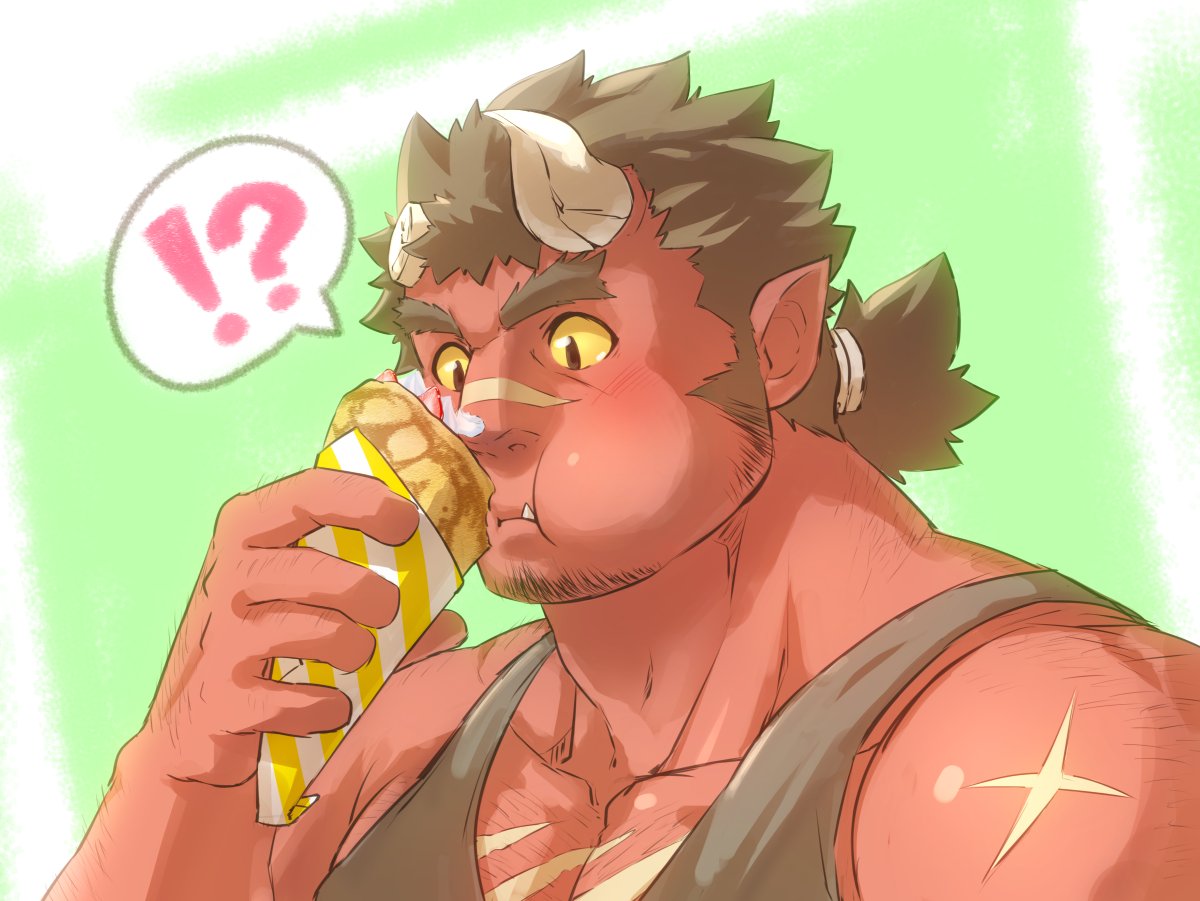 ! 1boy ? bara black_tank_top blush broken_horn brown_hair cheek_bulge chest_hair colored_sclera colored_skin cross_scar demon_boy eating facial_hair fang food_request goatee horns katoributa_a long_sideburns male_focus mature_male muscular muscular_male oni_horns orgus_(f-kare) pectoral_cleavage pectorals red_skin scar scar_on_arm scar_on_chest scar_on_face scar_on_nose short_hair shoukan_yuusha_to_f-kei_kareshi sideburns sidepec solo spoken_exclamation_mark spoken_question_mark stubble tank_top thick_eyebrows tied_hair tokyo_houkago_summoners upper_body yellow_sclera