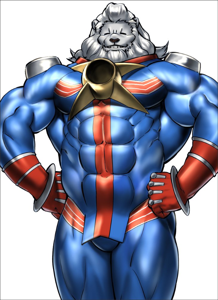 1boy animal_ears bara blue_bodysuit bodysuit bulge covered_abs fate/grand_order fate_(series) feet_out_of_frame furry furry_male gloves grey_fur grin hands_on_hips lion_boy lion_ears lion_hair long_hair looking_at_viewer male_focus mature_male mennsuke muscular muscular_male navel pectorals pelvic_curtain red_gloves smile solo thick_thighs thighs thomas_edison_(fate) white_hair