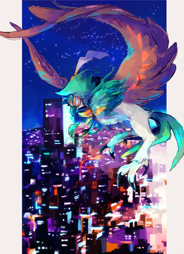 beak bright_pupils cityscape colored_sclera commentary_request decidueye flying gen_7_pokemon ngr_(nnn204204) night no_humans orange_sclera outdoors pillarboxed pokemon pokemon_(creature) red_eyes sky star_(sky) talons