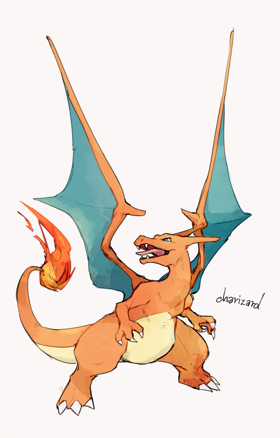 character_name charizard claws commentary_request fangs fire flame full_body gen_1_pokemon green_eyes highres ngr_(nnn204204) no_humans open_mouth pokemon pokemon_(creature) simple_background solo standing tongue white_background