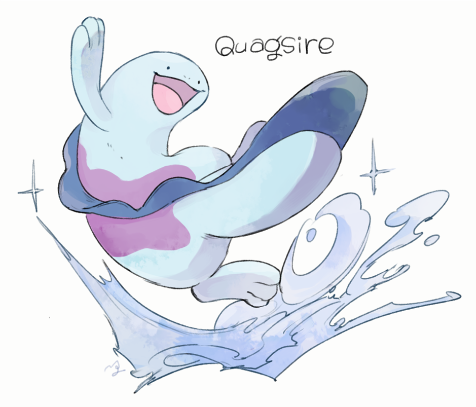 :d black_eyes character_name commentary_request gen_2_pokemon ngr_(nnn204204) no_humans open_mouth pokemon pokemon_(creature) quagsire smile sparkle toes tongue water