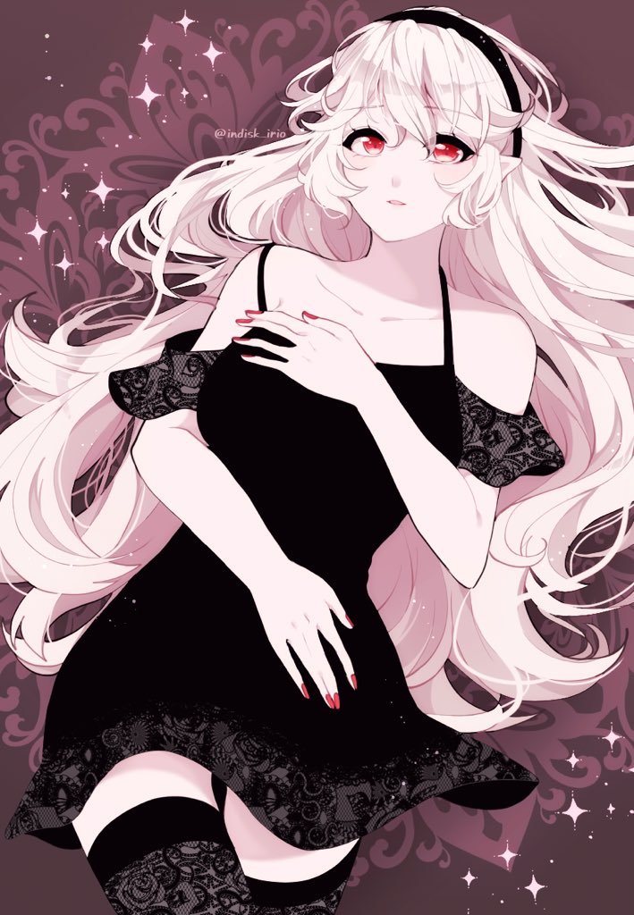 1girl alternate_costume bangs bare_shoulders black_dress black_hairband black_legwear breasts collarbone commentary_request corrin_(fire_emblem) corrin_(fire_emblem)_(female) dress eyebrows_visible_through_hair fingernails fire_emblem fire_emblem_fates hair_between_eyes hairband indisk_irio lips long_hair looking_at_viewer lying manakete medium_breasts nail_polish pale_skin parted_lips pink_lips pointy_ears red_eyes red_nails sidelocks sleeveless sleeveless_dress solo thighhighs twitter_username very_long_hair white_hair