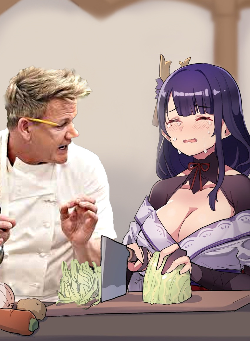 breasts bridal_gauntlets cabbage crying cutting cutting_board genshin_impact gordon_ramsay japanese_clothes justeeeeth kimono large_breasts long_hair mole mole_under_eye parody parody_request purple_eyes purple_hair raiden_shogun third-party_edit