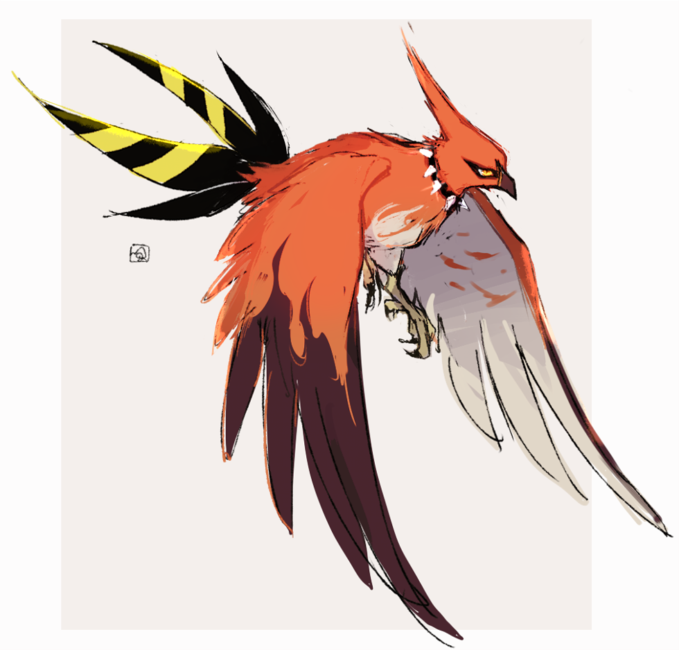 beak bird border commentary_request full_body gen_6_pokemon ngr_(nnn204204) no_humans pokemon pokemon_(creature) solo talonflame talons white_border yellow_eyes