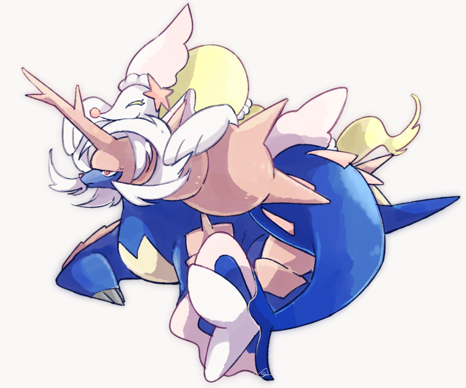 alternate_color claws closed_eyes closed_mouth commentary_request gen_5_pokemon gen_7_pokemon ngr_(nnn204204) no_humans orange_eyes pokemon pokemon_(creature) primarina samurott shiny_pokemon smile sweatdrop white_eyelashes